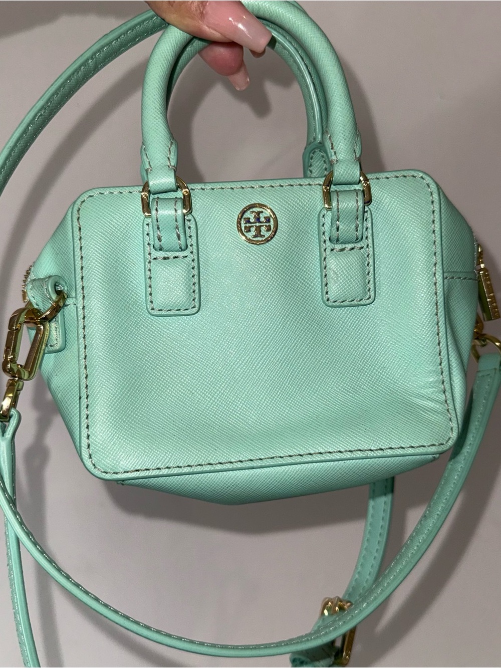 Tory Burch Mint Mini Satchel with Gold Logo Hardware